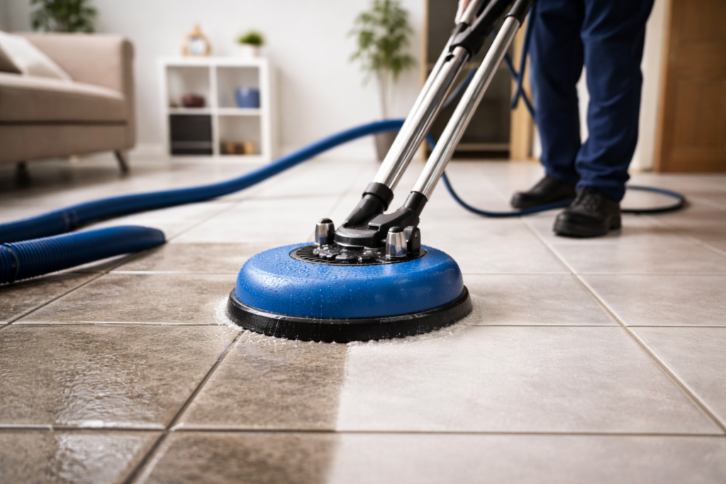 tile and carpet cleaning in progress